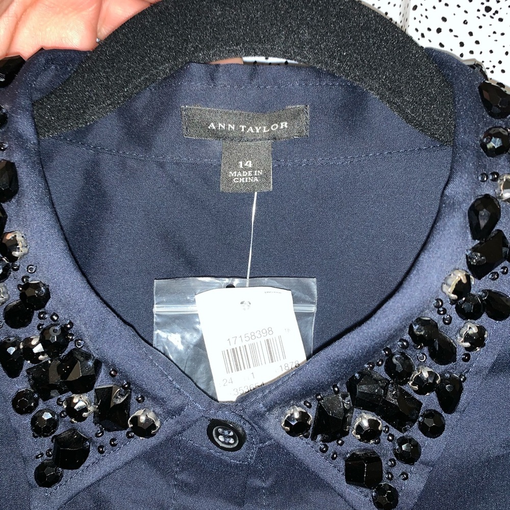 Ann Taylor Jeweled Collar Button Up Navy/Black 14 - Picture 5 of 6